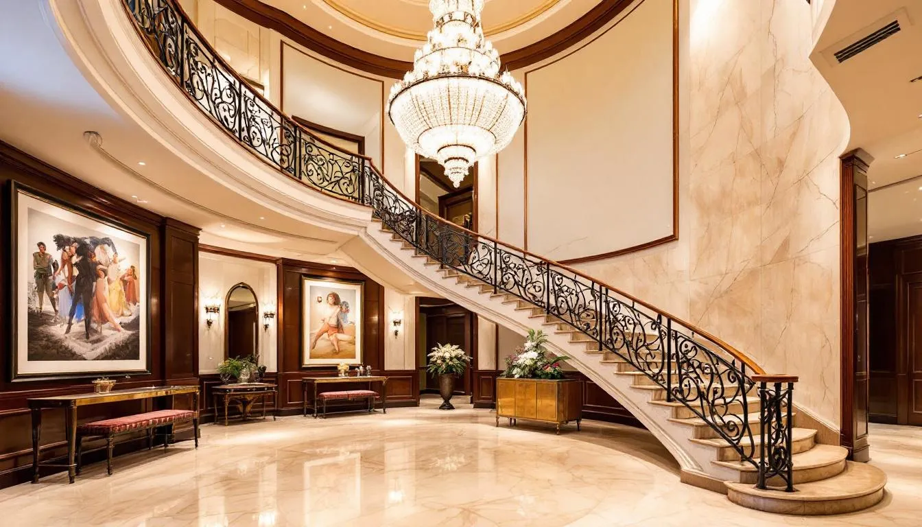 Der luxuriöse Hotelempfang in Heidelberg beeindruckt mit einer großen Treppe und einem eleganten Kronleuchter, ideal für eine Traumhochzeit oder Hochzeitsfeier. Das stilvolle Ambiente und die geschmackvolle Dekoration schaffen einen romantischen Rahmen für besondere Ereignisse in dieser historischen Stadt.