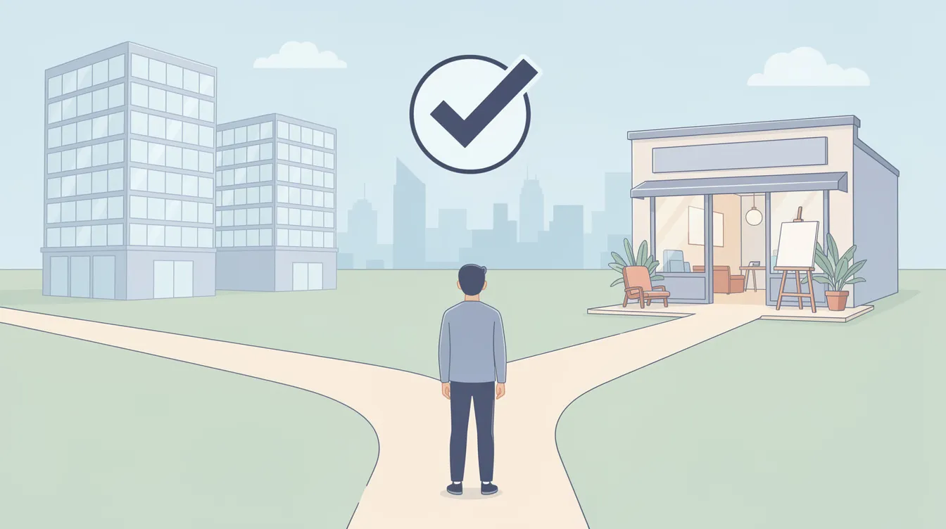 The image depicts a person standing at a crossroads, contemplating two distinct paths: one leading to towering enterprise buildings symbolizing corporate life, and the other to a vibrant creative studio representing artistic pursuits, with a checkmark hovering over the creative path, suggesting a choice towards community engagement and a fun work culture.