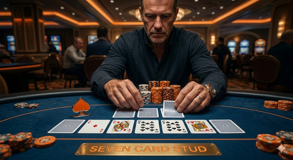 Speler die een hand speelt aan een Seven Card Stud pokertafel met fiches en open kaarten, een klassieke pokervariant die de basis vormt voor spellen zoals Razz poker.