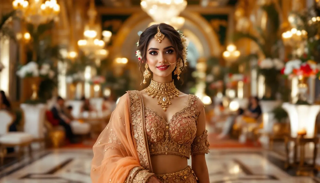The image features an elegant woman wearing a traditional bridal lehenga choli, adorned with intricate mirror work, at a vibrant wedding celebration. The lehenga is ankle-length and showcases a beautiful blend of colors, reflecting the glamour and grace typical of special occasions in cultures like India and Pakistan.