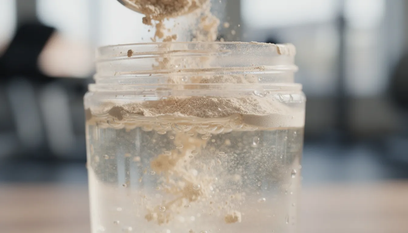 A close-up view of a shaker bottle filled with ice cold water and protein powder, specifically whey protein isolate, being mixed to create a smooth protein shake. This image highlights the process of preparing a dietary supplement for muscle growth and post workout recovery.