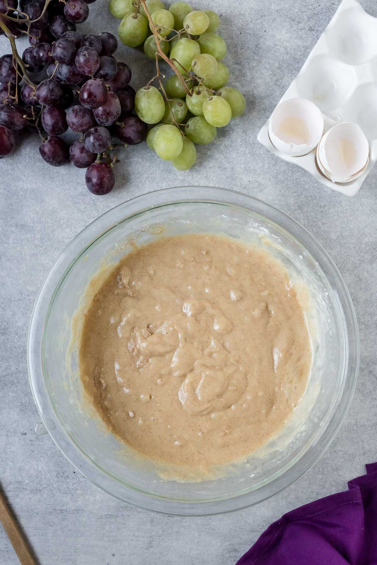 grape quick bread batter in a bowl without grapes
