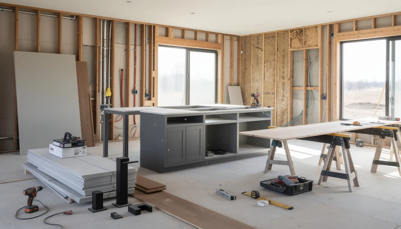The image depicts a home renovation in progress, showcasing exposed framing and modern materials being installed, highlighting the critical components of the structure. This scene emphasizes the importance of a thorough home inspection to ensure compliance with building codes and safety standards before purchasing a renovated house in Calgary.