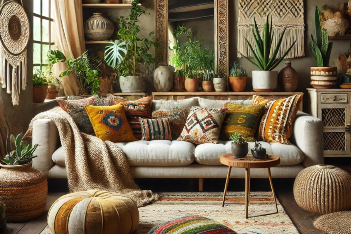 An illustration representing boho style decor in a cozy living room.