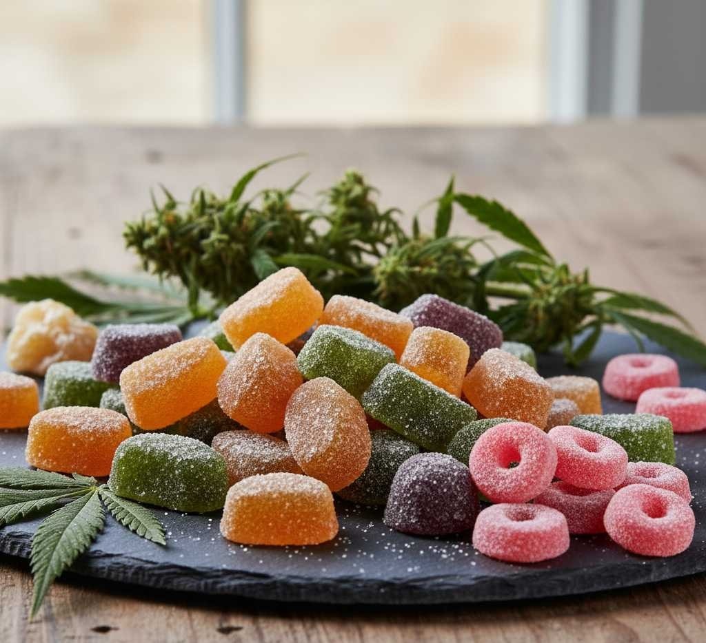 A close-up shot of a pile of sugar-dusted, colorful live resin gummies in various shapes and sizes, including rectangular and round pink gummy rings, on a dark slate board. In the background, there are fresh cannabis buds and leaves, subtly blurred, suggesting the natural origin of the live resin. The lighting is soft, highlighting the translucent quality of the gummies and the texture of the sugar coating.