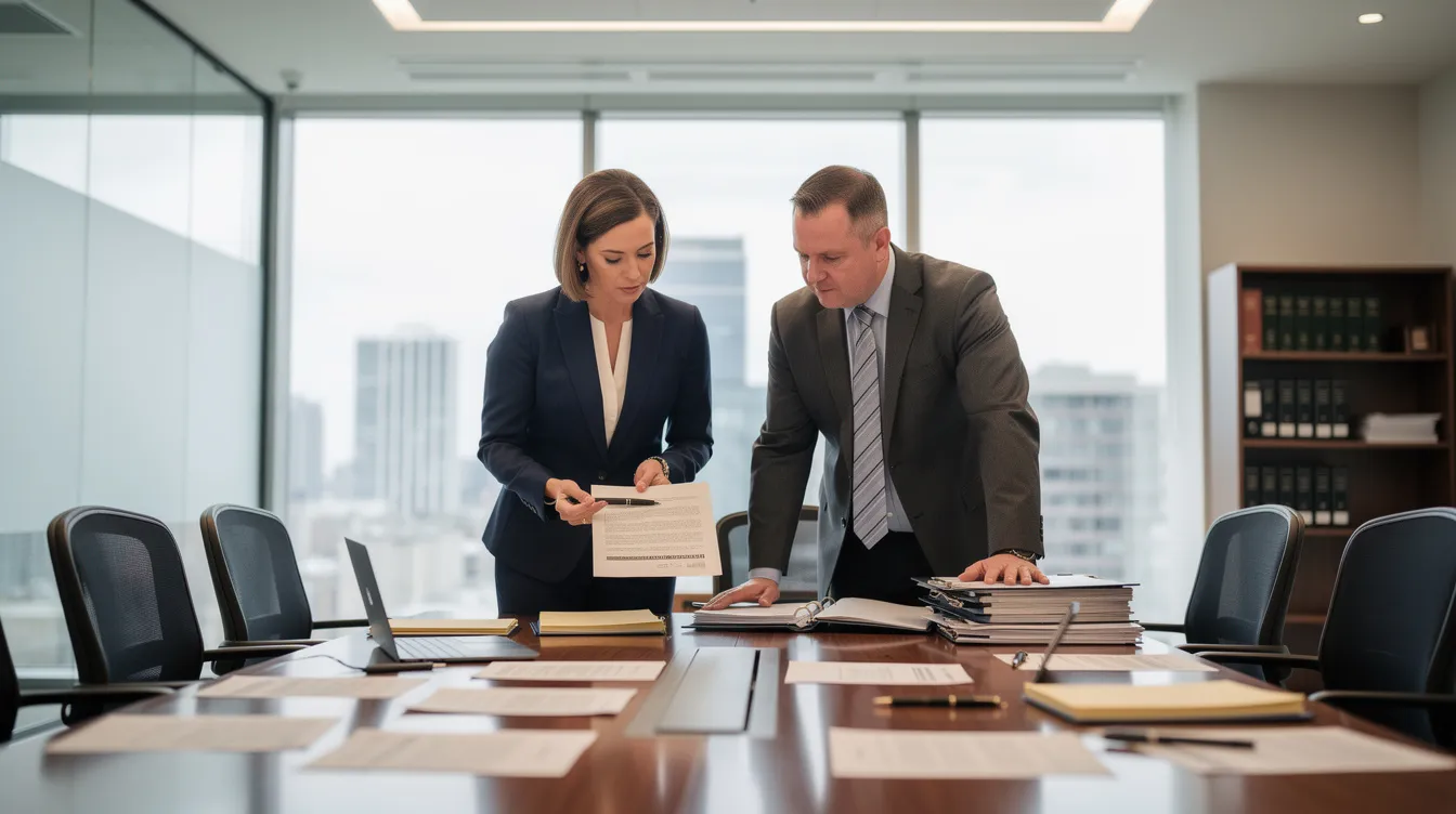The image depicts two attorneys in a professional office setting, collaboratively reviewing case documents related to personal injury claims. They appear focused and engaged, highlighting the importance of understanding the legal process in personal injury lawsuits under New Mexico law.