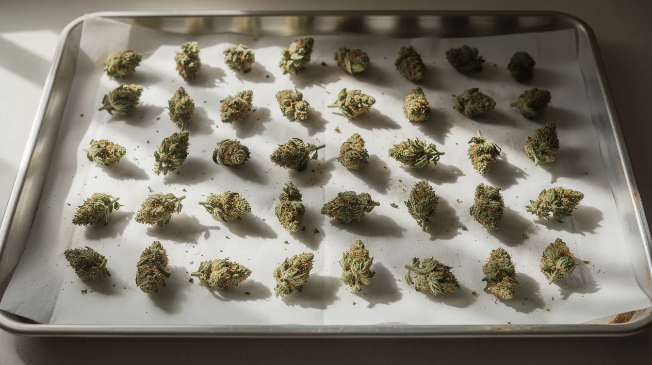 Auf einem Backblech mit Backpapier sind gleichmäßig verteilte Cannabis-Blüten zu sehen, die für die Herstellung von Space Cake oder anderen Edibles wie Keksen oder Brownies vorbereitet werden. Die Blüten sind frisch und grün, was auf ihre Qualität und den THC-Gehalt hinweist, der für die Wirkung des Endprodukts entscheidend ist.