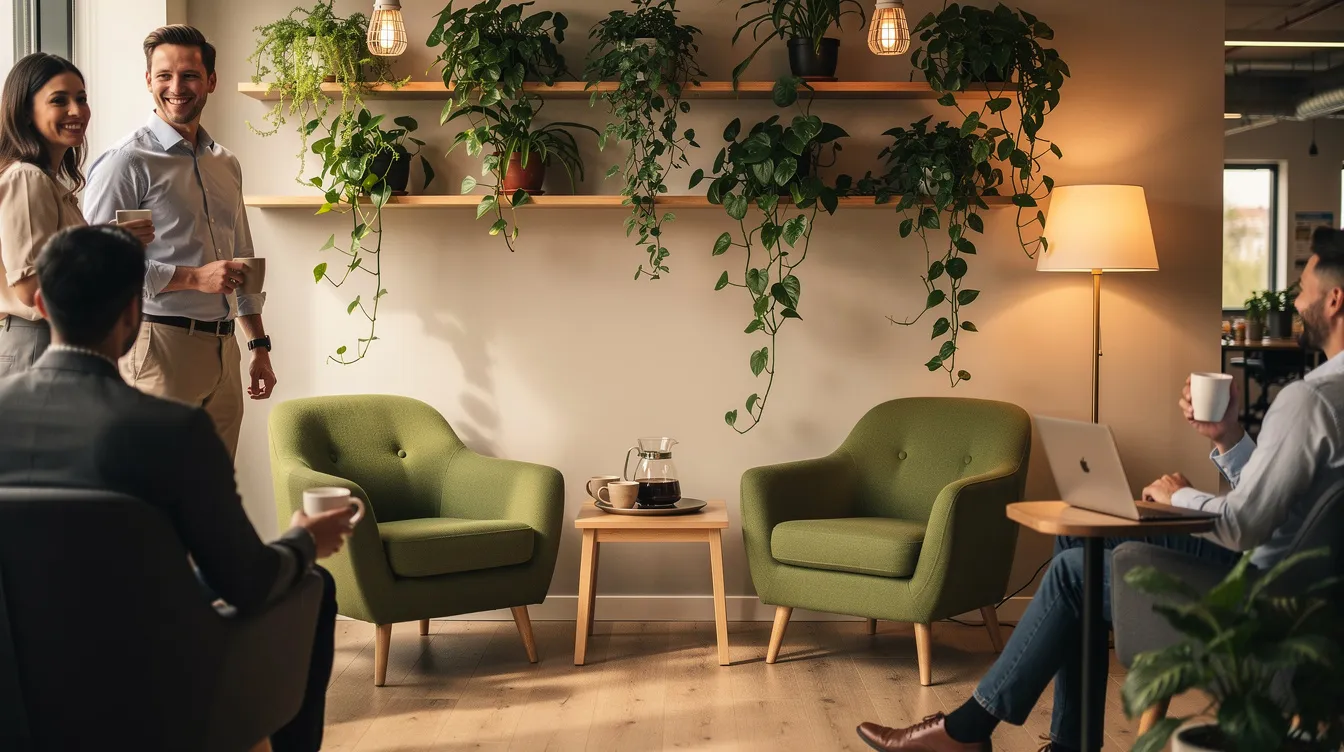 Un rincón de café en la oficina presenta sillones verdes y plantas colgantes, con una iluminación cálida que crea un ambiente acogedor. Varias personas conversan animadamente, sosteniendo tazas de café, mientras disfrutan de una experiencia de calidad en este espacio de trabajo.