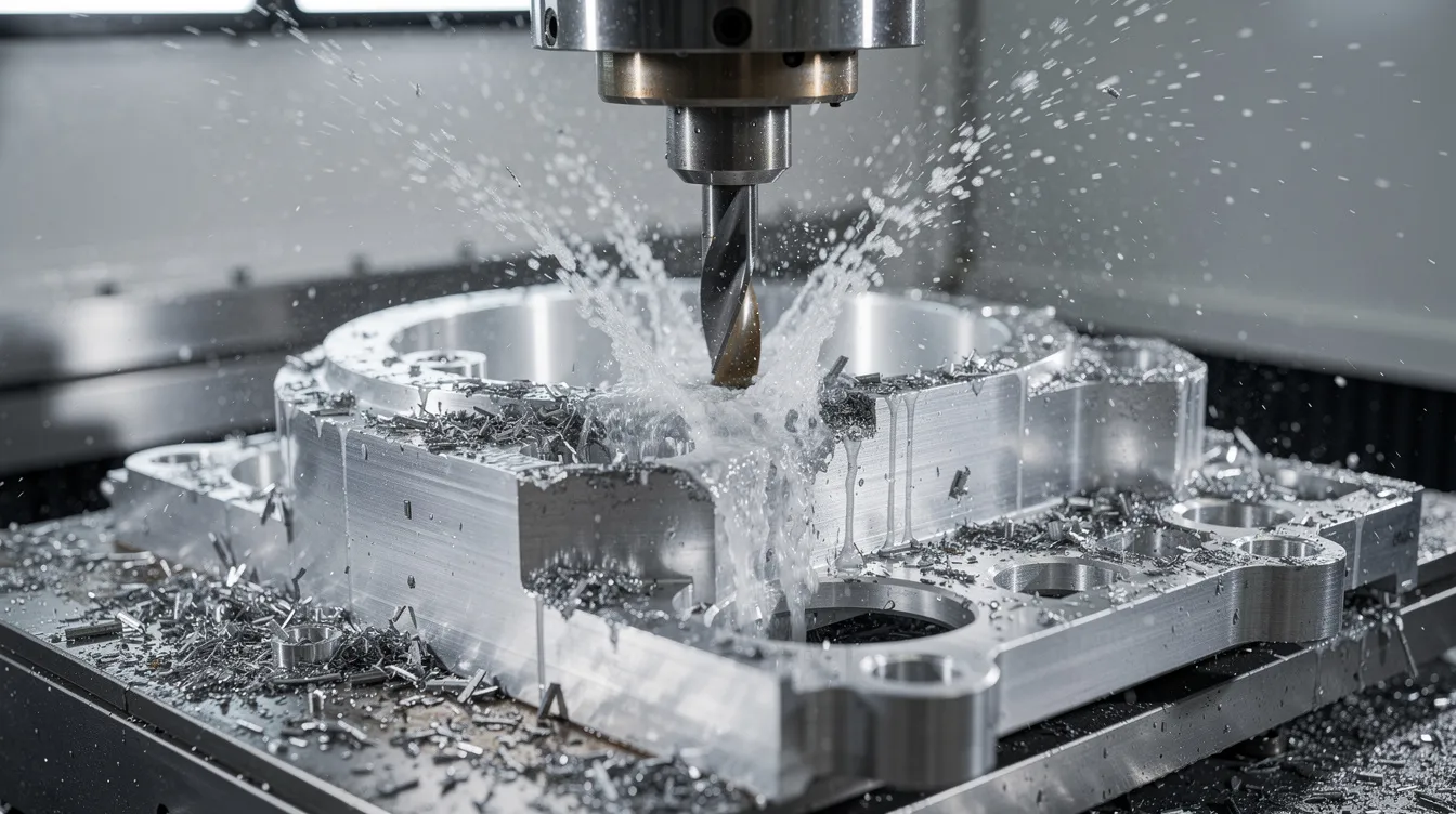 A close-up view of a CNC milling machine actively cutting an aluminum housing part, with coolant spraying to reduce heat during the machining process. This image highlights the precision and efficiency of small batch CNC machining, showcasing the high-quality machined aluminum parts being produced.