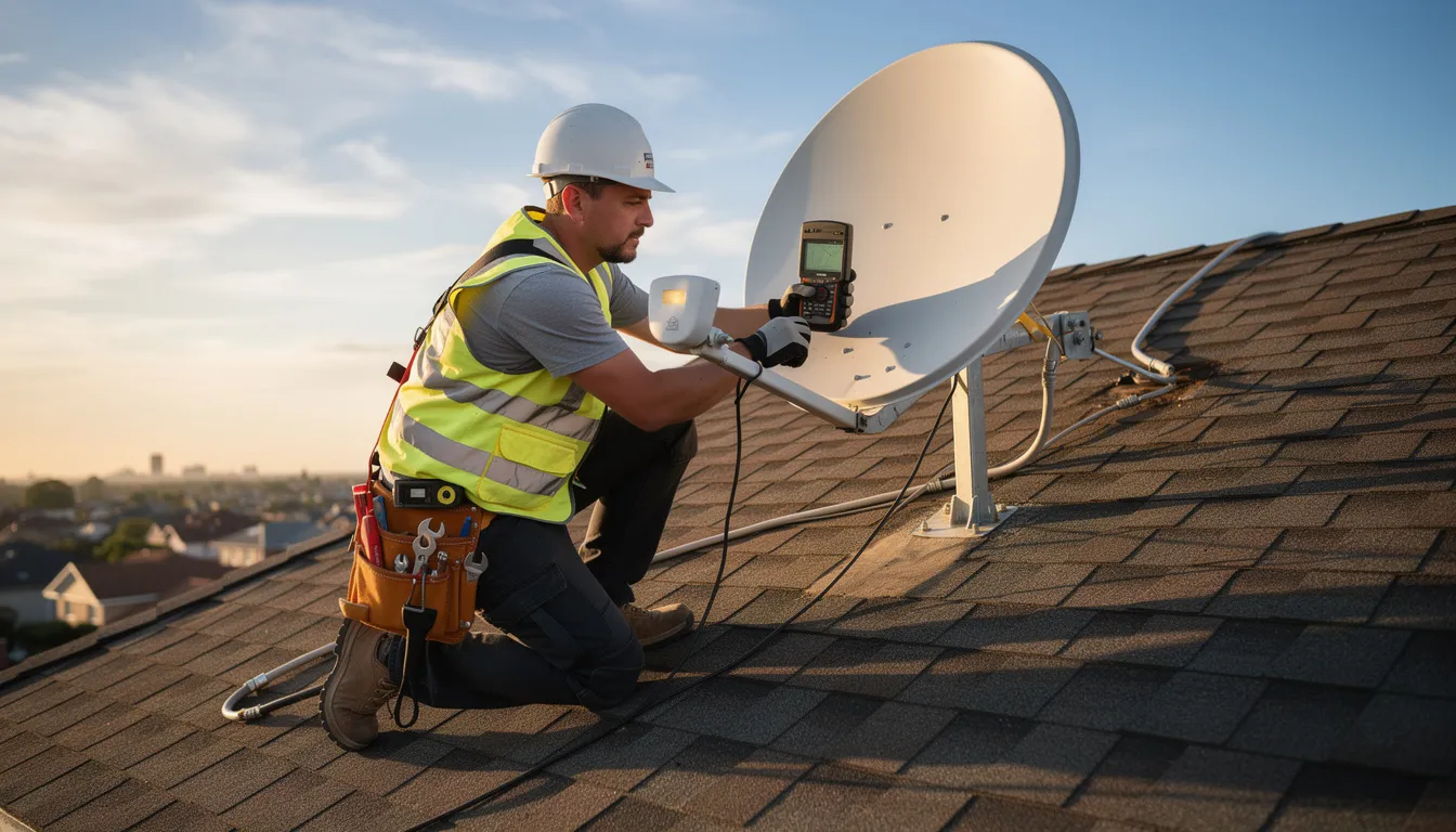 A professional technician is seen on a rooftop, carefully adjusting the alignment of a satellite dish to ensure optimal signal strength for DSTV installation. This scene highlights the importance of skilled DSTV installers in providing reliable installation services for residential homes in Robertson.