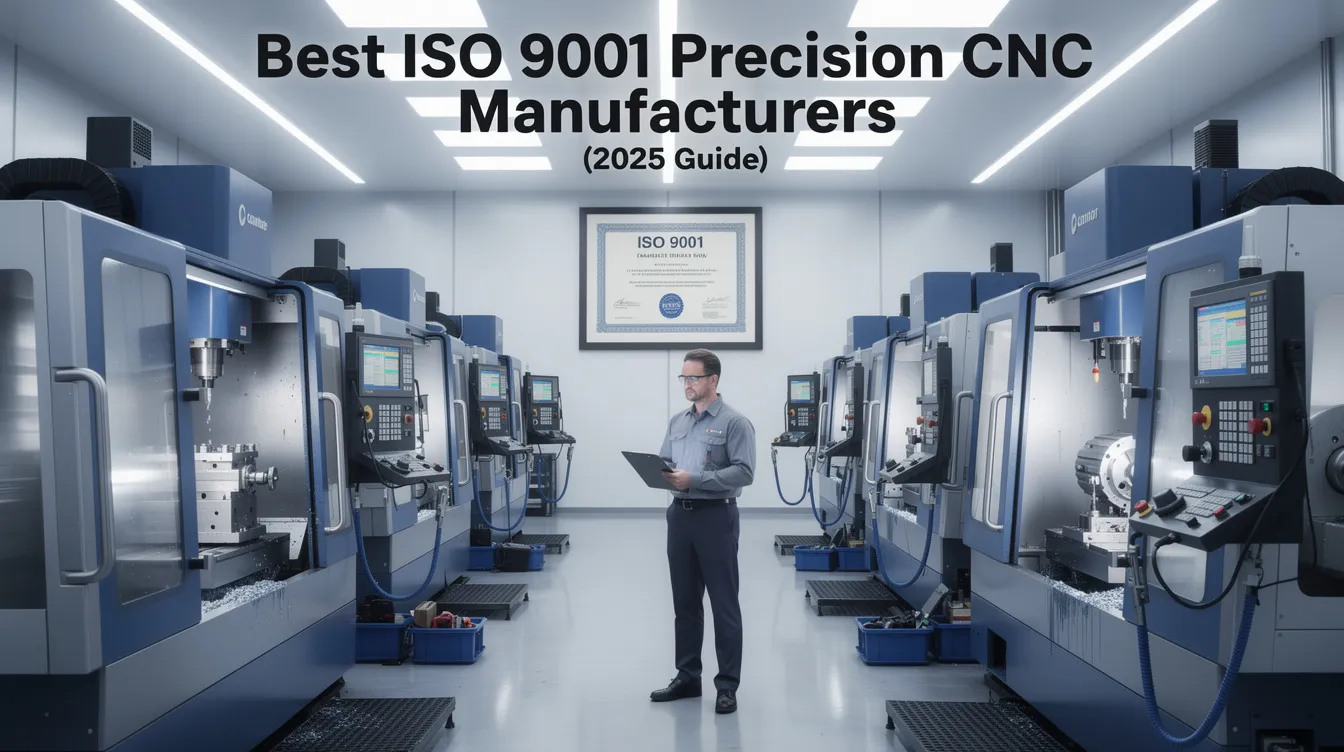 The image depicts a comprehensive guide titled "Best ISO 9001 Precision CNC Manufacturers (2025 Guide)", showcasing various CNC machining companies specializing in precision machining services such as CNC milling, turning, and multi-axis machining. It emphasizes the importance of strict quality control and advanced equipment in the manufacturing process, catering to industries like aerospace and medical device manufacturing.