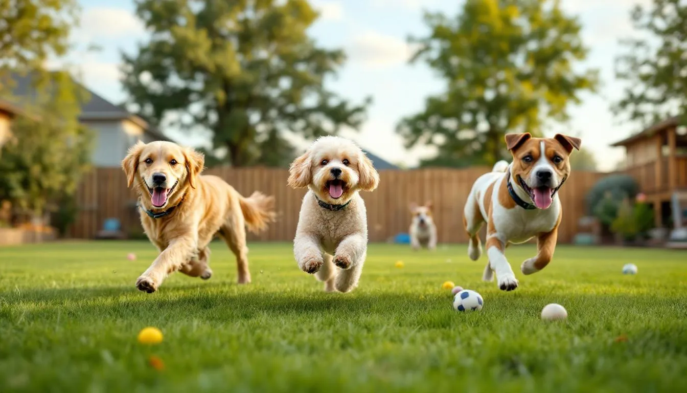 In a spacious backyard, several dogs of various breeds are joyfully playing together, showcasing their natural behavior and camaraderie. The scene captures the essence of dogs engaging in fun activities, which is a normal part of their social interactions, while dog owners observe happily.