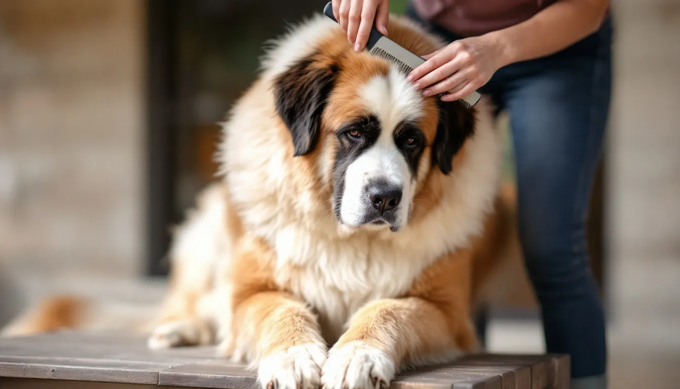 A large Saint Bernard dog is being groomed, with a groomer carefully brushing its thick, fluffy coat. The affectionate nature of this gentle giant is evident as it enjoys the attention, showcasing its friendly personality typical of the Saint Bernard breed.