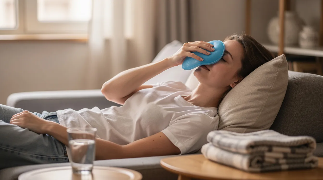 A person is resting comfortably while applying a cold compress to their face, likely to reduce mild swelling after a facial fat transfer procedure. The cold compress helps soothe the skin and may assist in the healing process following cosmetic surgery aimed at restoring lost volume and enhancing facial contours.