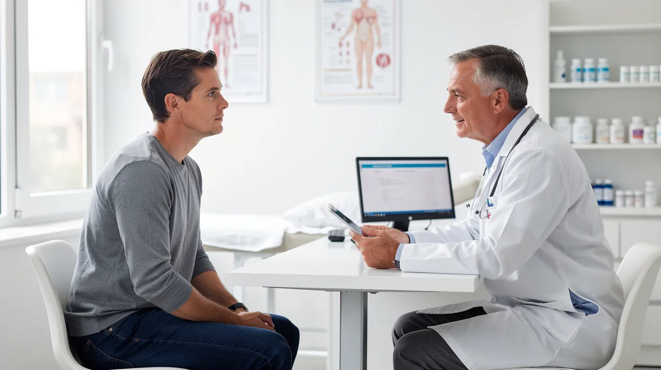 The image depicts a person engaged in a consultation with a doctor in a bright and welcoming medical office, discussing options for weight management and potential prescription weight loss medications. The setting emphasizes a supportive environment for individuals on their weight loss journey, focusing on healthy diet choices and lifestyle changes.