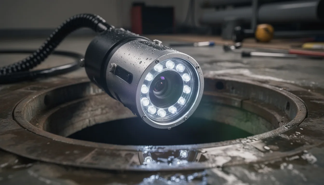 The image shows a close-up view of a drain camera inspection probe equipped with LED lighting, designed to help professionals identify issues within drain pipes. This tool is essential for drain cleaning services, allowing for accurate assessment of clogged drains and other plumbing problems.