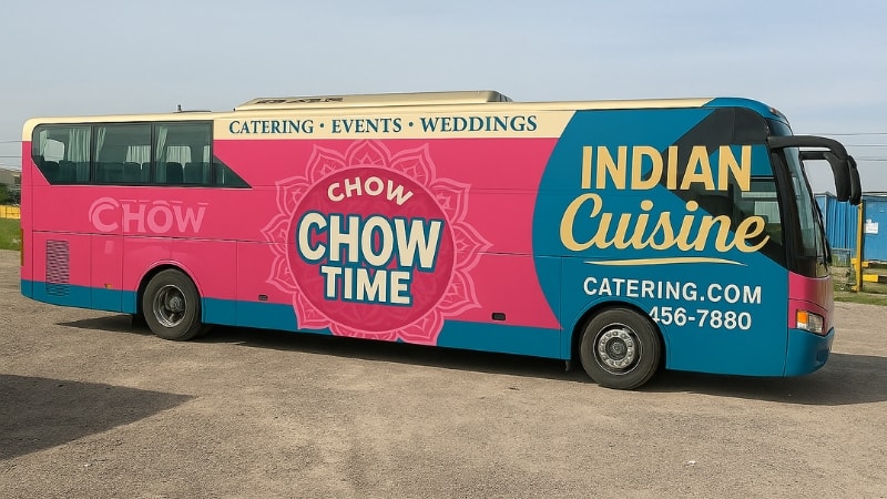 A bus wrap featuring advertisement of a catering company