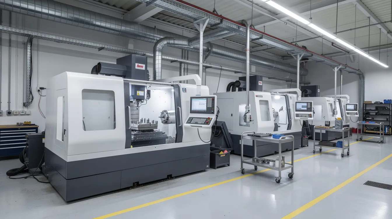 The image depicts a clean, modern factory workshop filled with advanced industrial CNC machinery, showcasing a well-organized workspace that emphasizes efficiency and precision in manufacturing. This environment is ideal for small and medium enterprises seeking financing options, such as 中小企業 貸款, to enhance their operational capabilities.