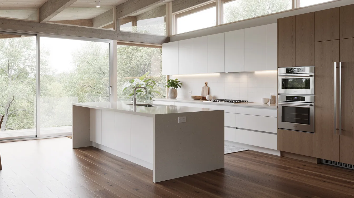 This image showcases a bright, modern kitchen renovation featuring sleek new cabinets and countertops, set within a mid-century home. Such stylish updates can significantly enhance the property