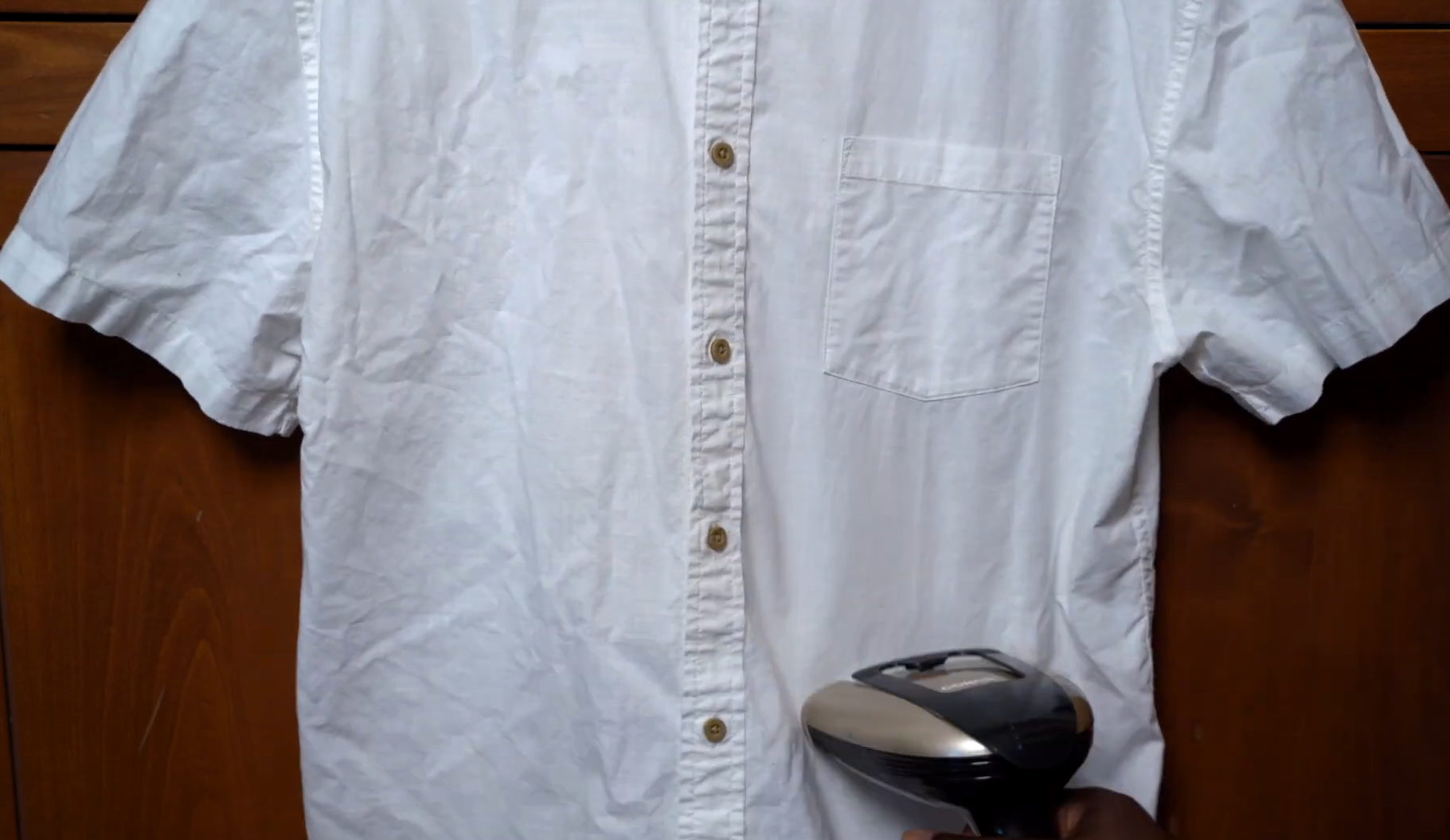 wrinkle removal test on cotton button-down shirt