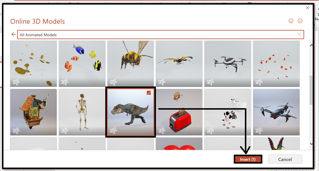 An online library for "Online 3D models" appears, select a 3D models and click "Insert" button.
