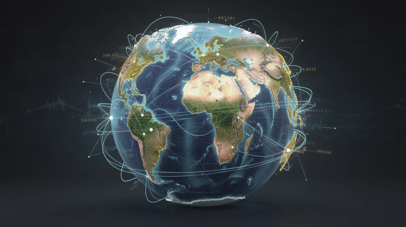 The image depicts a globe with illuminated digital connection lines linking major cities, symbolizing the intricate networks of international money transfers and financial institutions. This visual representation highlights the global nature of bank transfers and the swift communication necessary for sending money across borders.