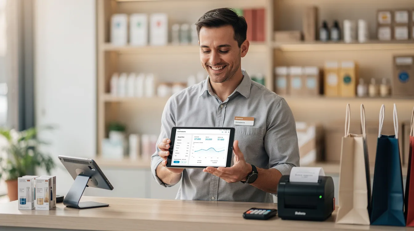 The image shows a small business owner smiling while reviewing finances on a tablet at a retail counter, indicating a positive engagement with payment processing services. The owner appears to be managing online transactions and accepting credit card payments, reflecting the importance of payment gateway providers in facilitating smooth customer experiences.