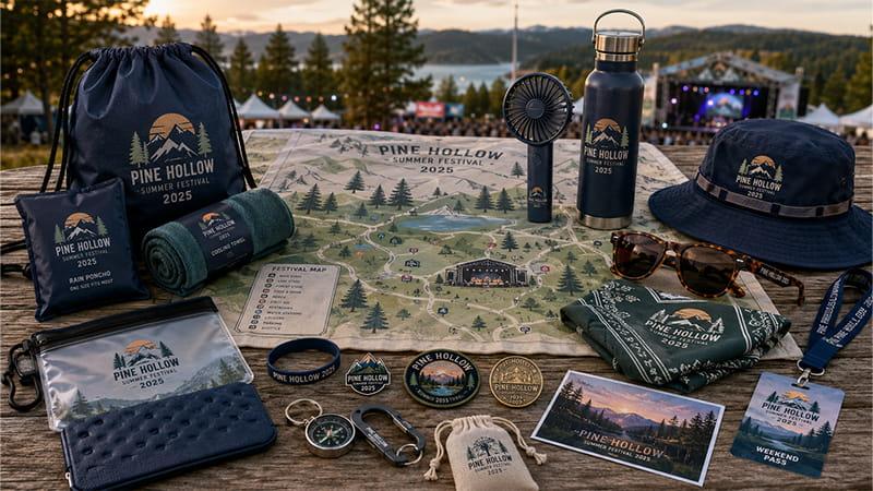 Outdoor festival souvenirs with a picnic blanket, drawstring bag, towel, bottle, fan, hat, sunglasses, bandana, and small keepsakes