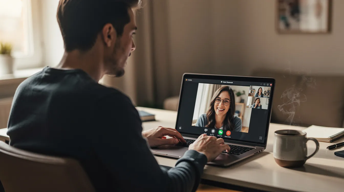 A person is sitting at a laptop engaged in a video call, with a cup of coffee placed nearby, suggesting a casual and relaxed atmosphere for online dating conversations. This scene captures the essence of modern dating, where users can connect with potential partners through popular dating apps while enjoying their favorite beverage.