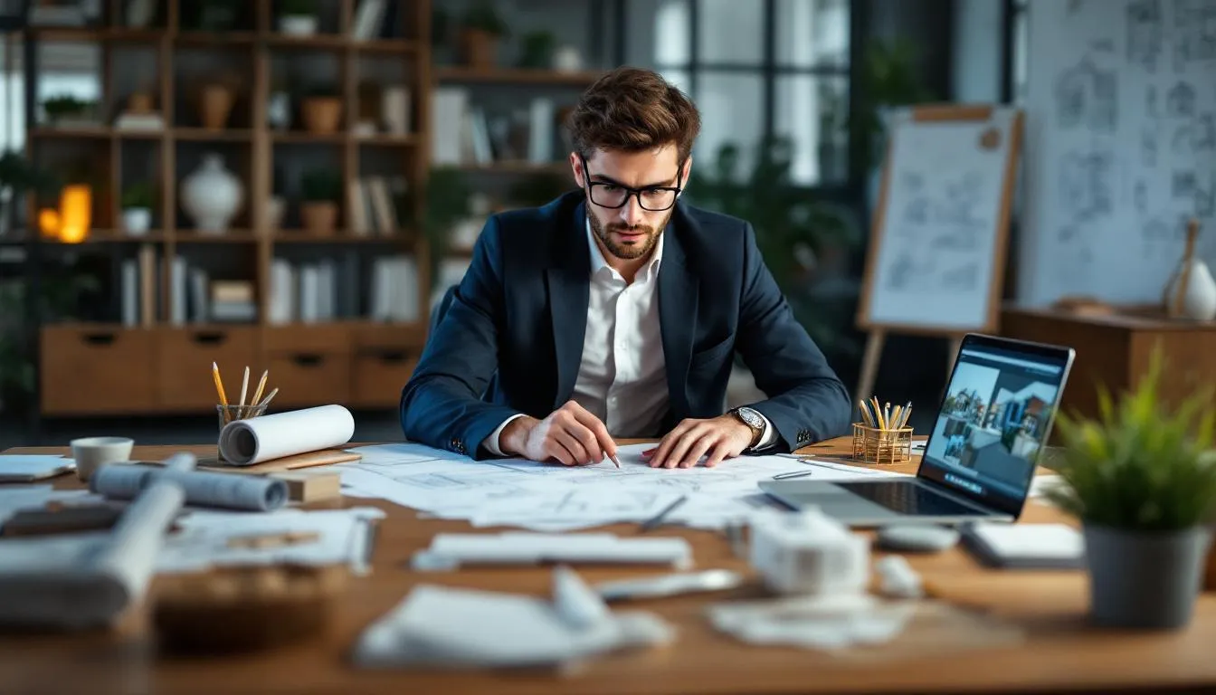 A young architect is intensely focused at a desk cluttered with architectural drawings and models, showcasing their dedication and commitment to their career. The scene reflects a growth mindset, emphasizing the importance of motivation and hard work in achieving success in the field of architecture.