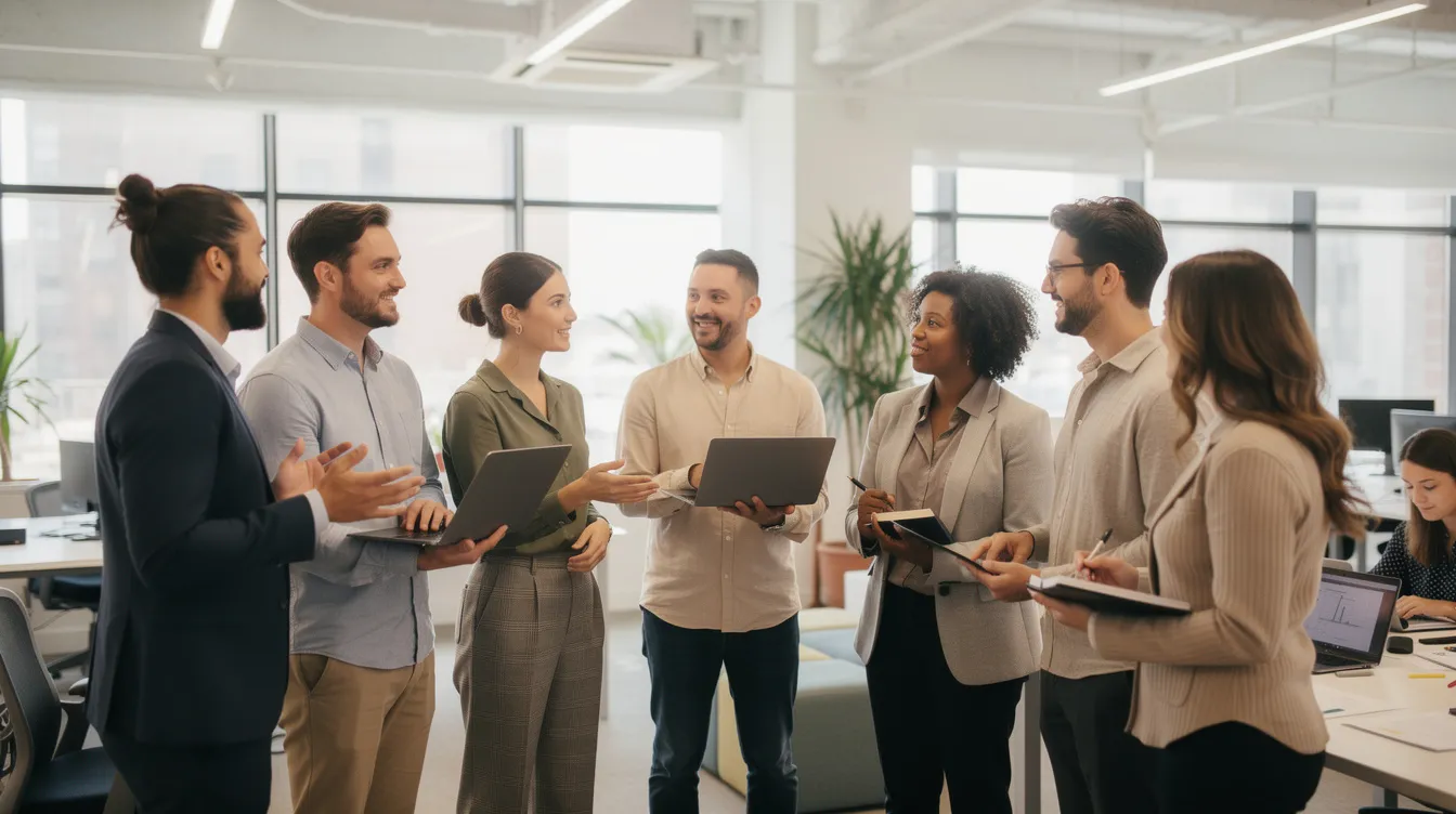 Une équipe se tient en cercle dans un espace de bureau ouvert, effectuant une réunion rapide de prise de contact. Cette interaction favorise la coopération et la gestion des émotions, essentielle pour améliorer la performance et le bien-être des collaborateurs.