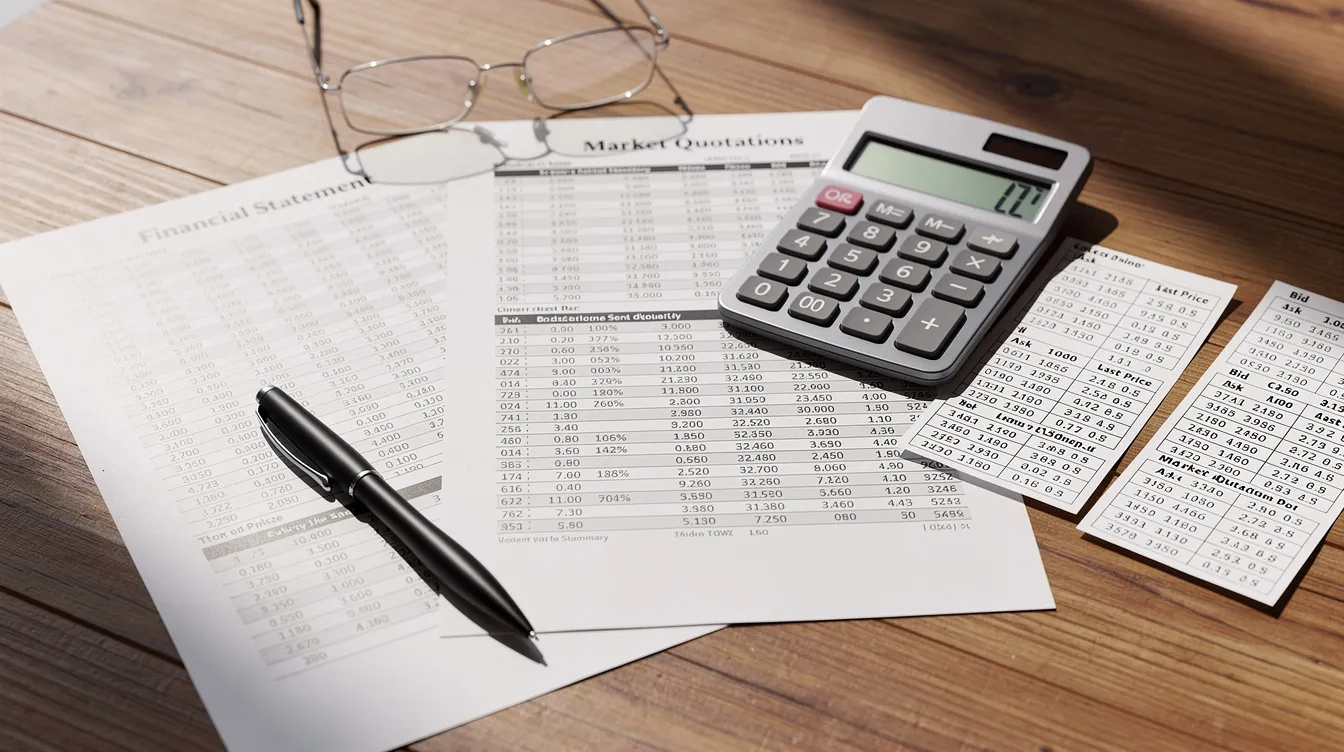 d5f3b3e1 0f32 454e 988b af4f9a85c1ec The image features financial documents, a calculator, and printed quotations neatly arranged on a wooden desk, symbolizing the essential tools for preparing a comprehensive project report, such as a mudra loan project report. This setup reflects the meticulous financial analysis required for small businesses seeking funding and working capital loans.