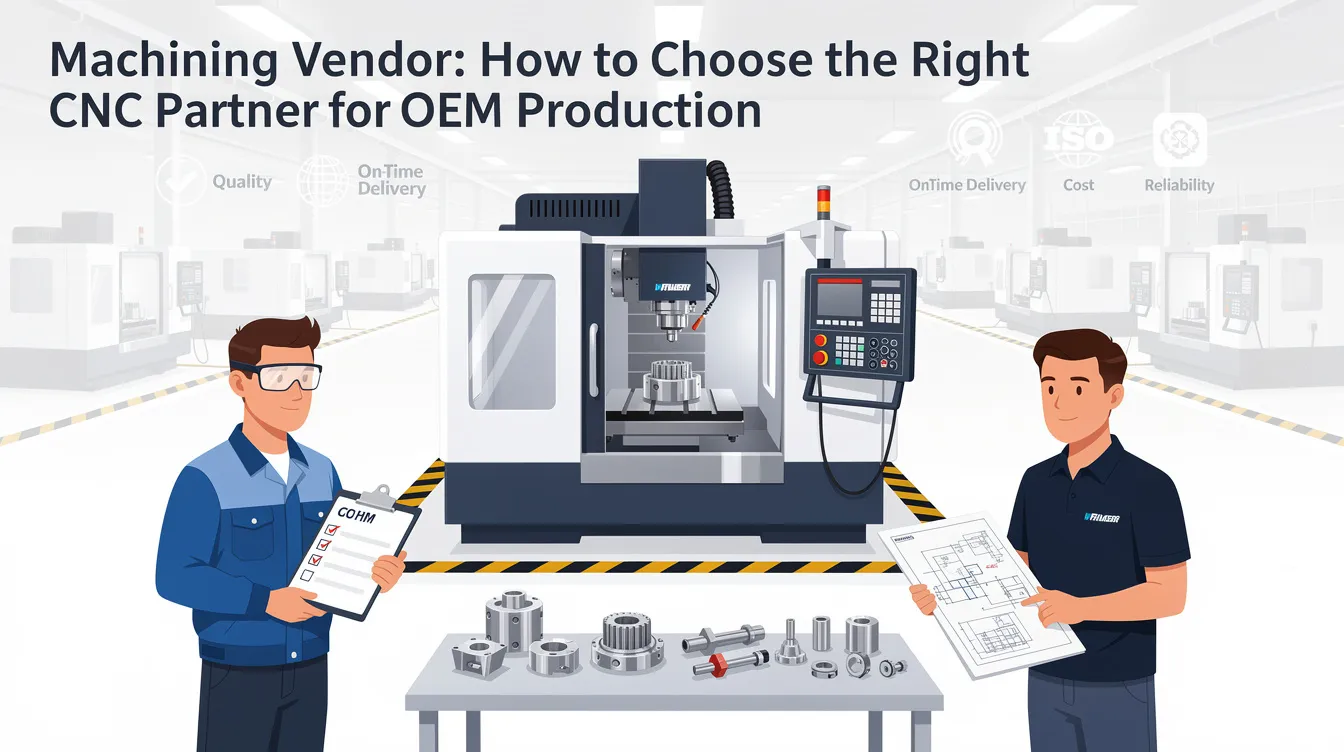 The image depicts a professional setting where a team is discussing the selection of a CNC machining vendor for OEM production. Various CNC machined parts made from materials like stainless steel and aluminum alloys are displayed, emphasizing precision machining capabilities and the importance of tight tolerances in manufacturing.