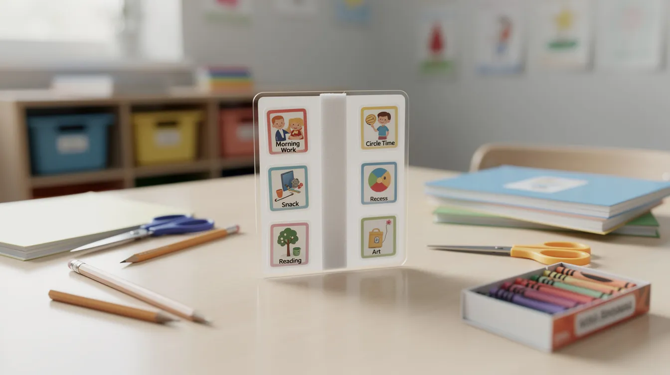 The image shows a child's desk featuring a small laminated visual schedule adorned with colorful picture cards representing various school activities. This visual aid serves as a supportive tool for autistic children, helping them manage transitions and cope with daily routines.