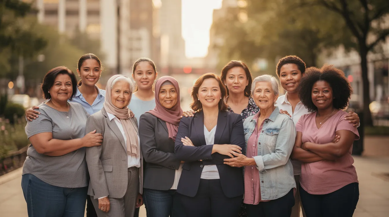 The image features a group of diverse women of various ages and backgrounds standing together in solidarity, symbolizing the fight for gender equality and women's rights. Their united stance reflects a commitment to addressing issues such as gender-based violence, discrimination, and the need for equal access to opportunities in society.