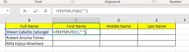 Insert names to separate cells that have middle names