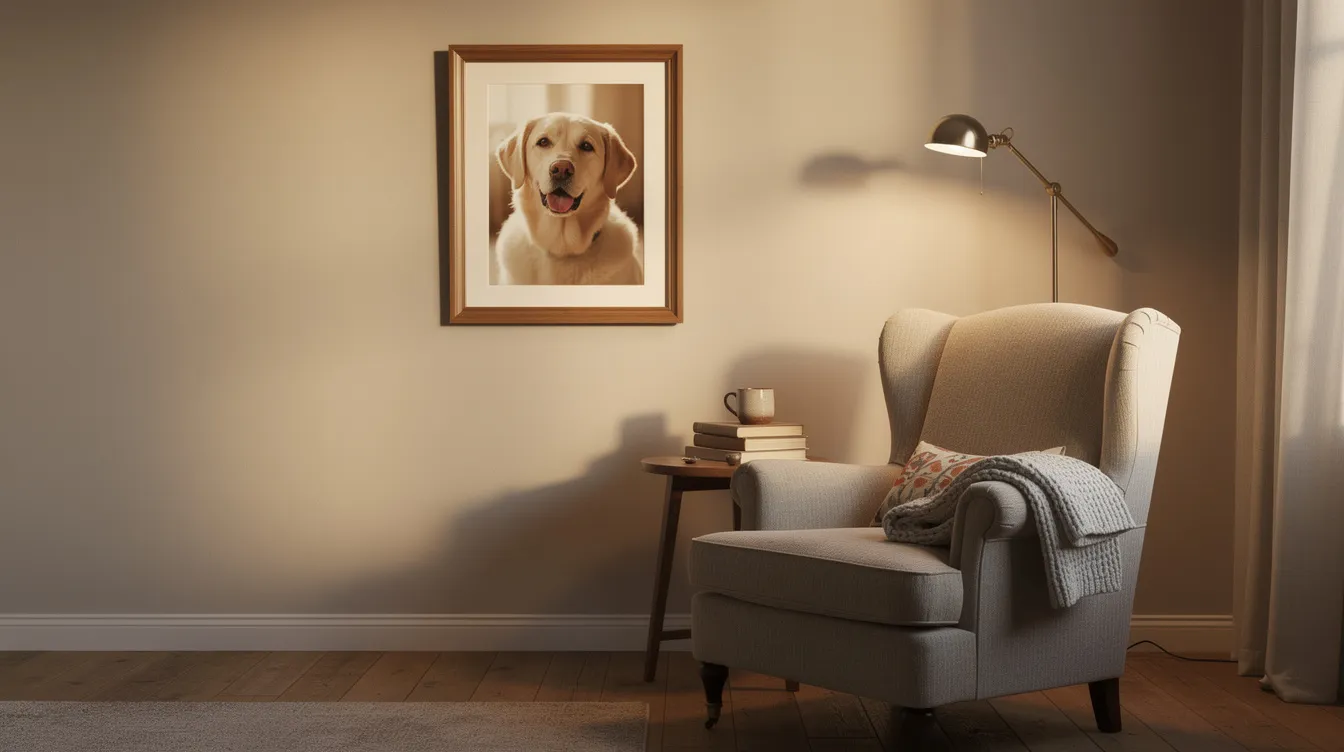 A heartwarming pet portrait of a beloved dog hangs in a cozy living room next to a reading chair, symbolizing the unconditional love and special bond shared between pets and their owners. This setting offers a perfect opportunity to celebrate National Pet Day by reflecting on the joy that furry friends bring to our lives.