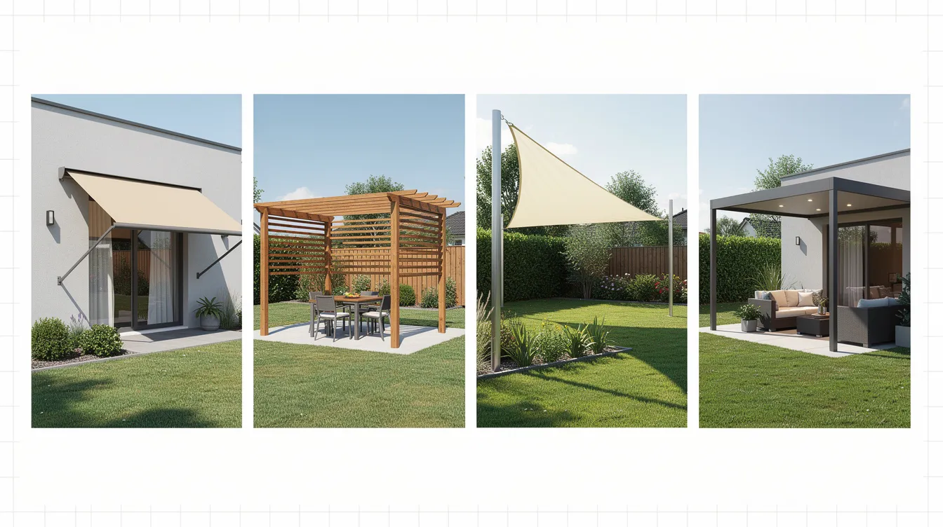 The image features a detailed architectural visualization showcasing four modern outdoor shade solutions in clean suburban backyards: a wall-mounted canvas awning, a freestanding wooden pergola with adjustable louvers, a tensioned triangular shade sail, and a solid roof patio canopy, all designed to enhance outdoor living spaces. This presentation highlights various options for quality awnings and shade structures suitable for residential areas, ideal for homeowners looking to improve their outdoor experience.