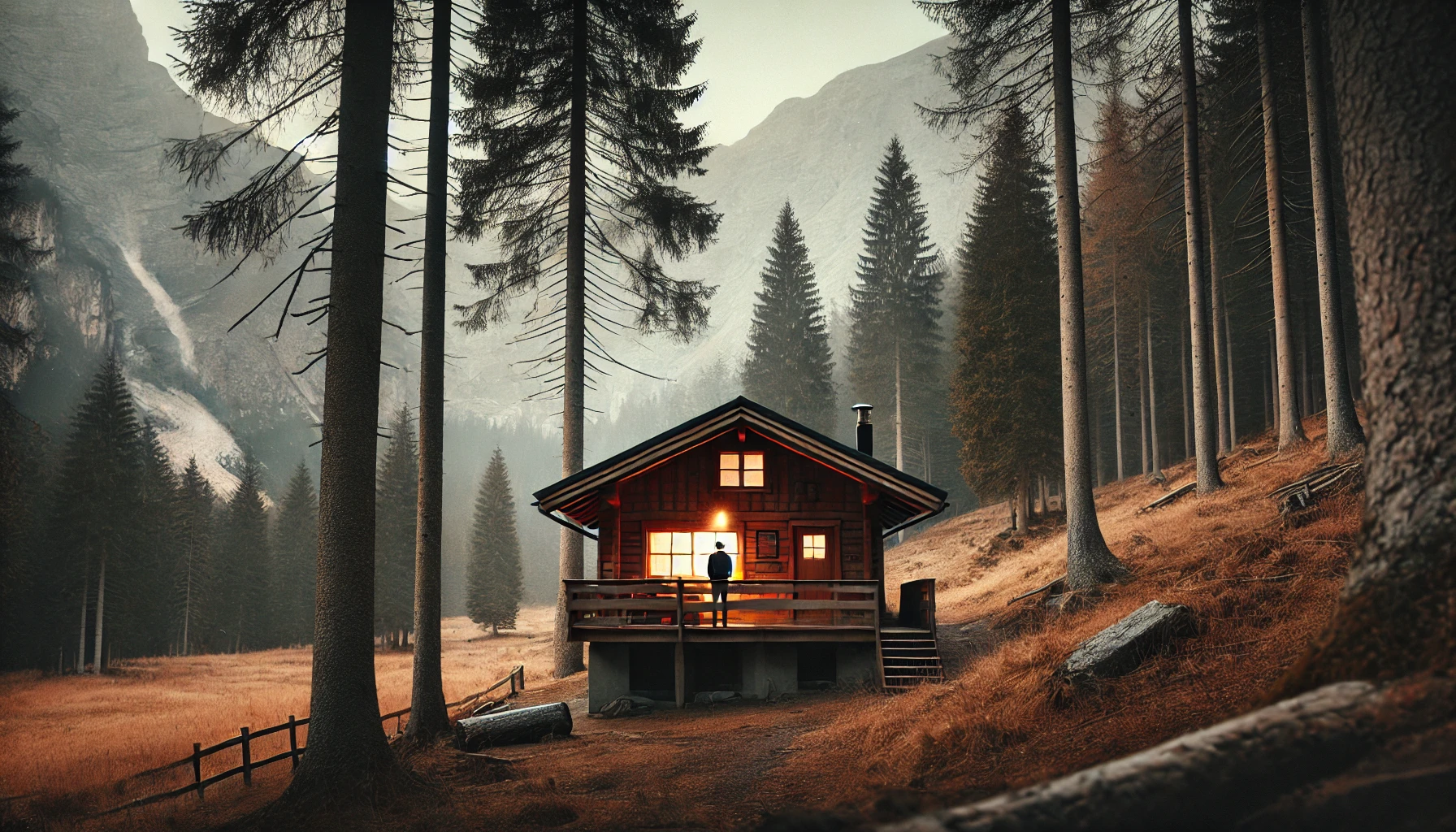 A cozy mountain cabin with a single person standing on the porch