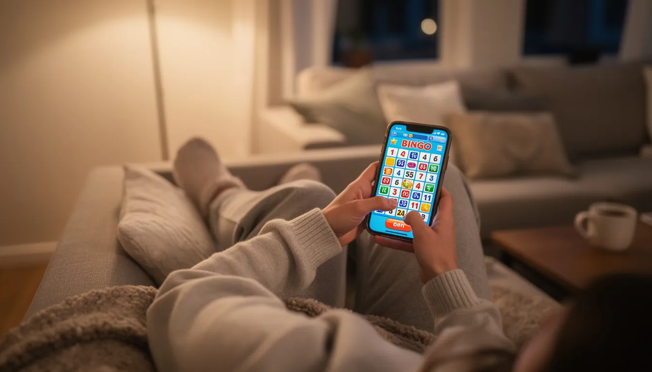 En person sitter bekvämt i soffan och spelar bingo på sin mobiltelefon, vilket visar hur enkelt det är att spela bingo online. Denna scen fångar känslan av avkoppling och nöje, perfekt för den som vill spela bingo när som helst.