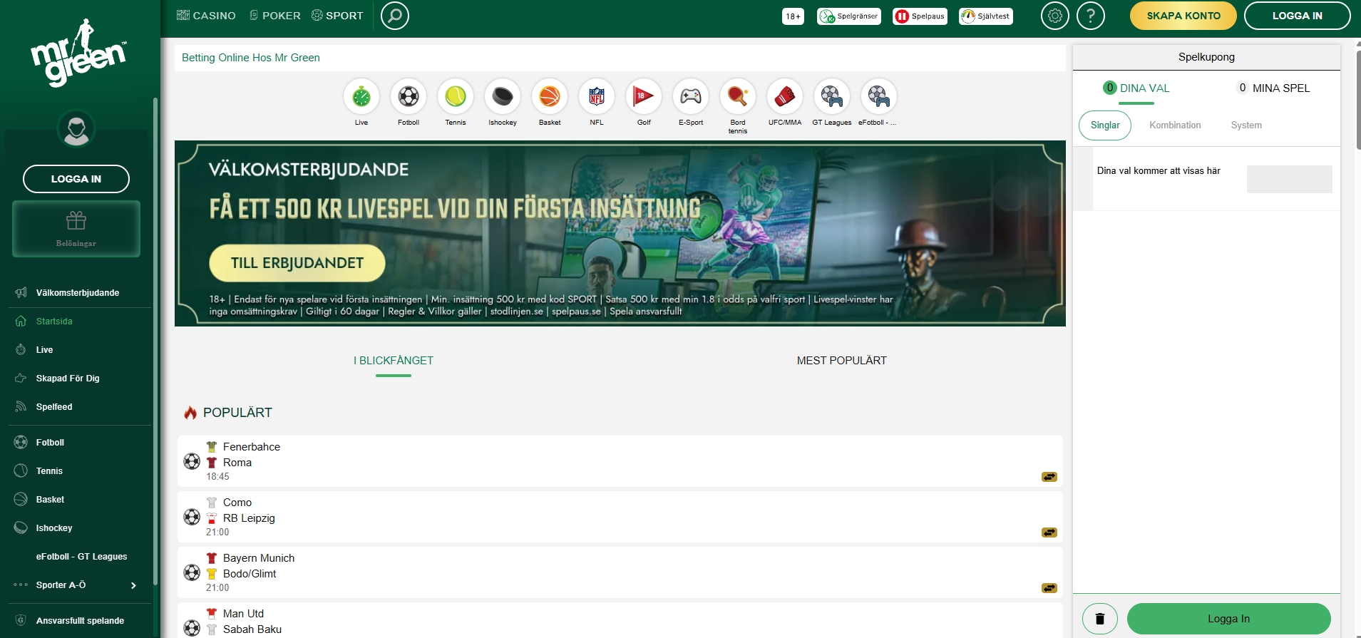 Mr Greens bettingsida med sporter, matcher och spelkupong.