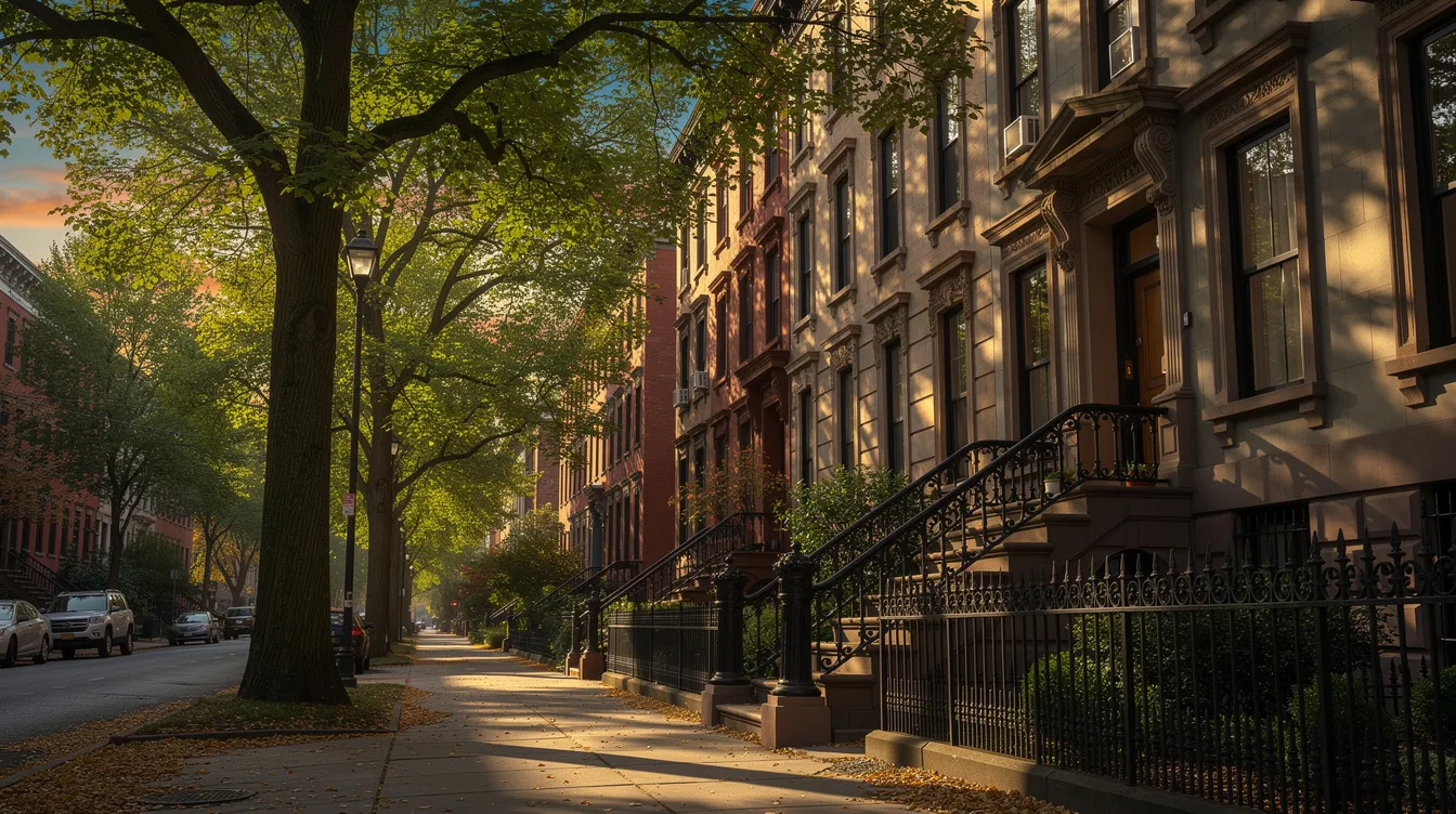 A tree-lined residential block in the Upper East Side features historic stone buildings with elegant iron railings, bathed in the warm light of late afternoon. This picturesque neighborhood, known for its cultural landmarks and proximity to Central Park, offers potential buyers a glimpse into their dream home amidst a community rich in history and sophistication.