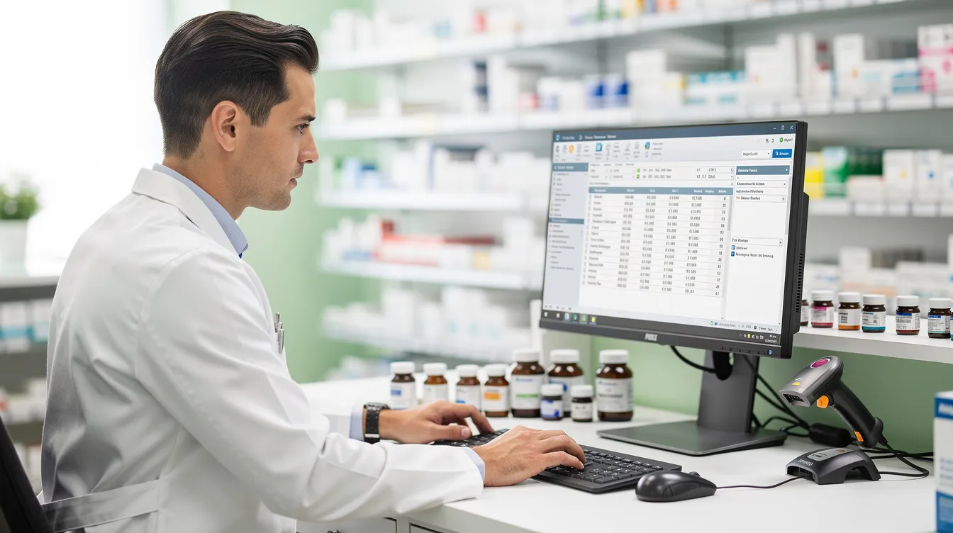 The image shows a pharmacist intently reviewing a computer screen displaying prescription records at a pharmacy workstation, highlighting the importance of safe medication practices to prevent medication errors and ensure patient safety. This scene emphasizes the critical role healthcare professionals play in administering the proper medication to avoid devastating consequences for patients.