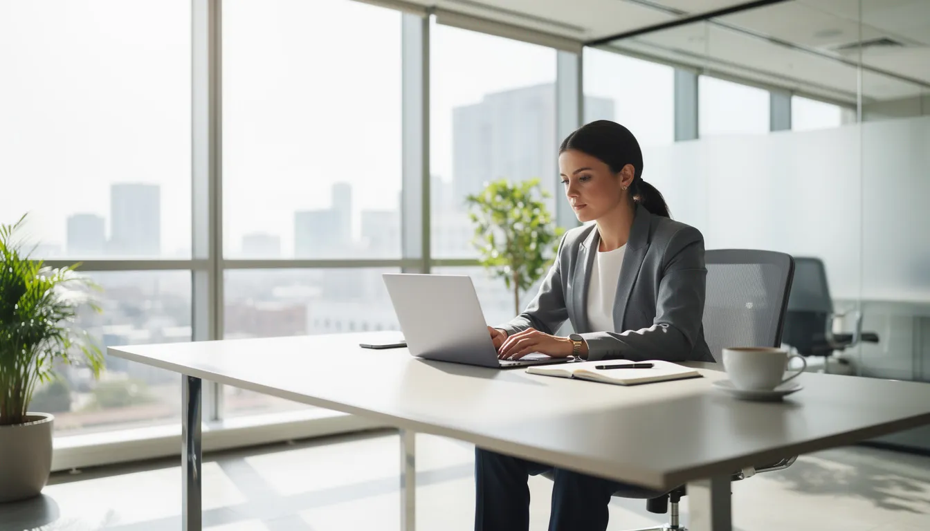 Na obrazku widzimy przedsiębiorcę pracującego przy laptopie w nowoczesnym biurze, otoczonego dokumentami i fakturami. W jego otoczeniu można dostrzec elementy związane z finansowaniem, takie jak rachunek bankowy oraz materiały dotyczące faktoringu, co sugeruje, że zajmuje się zarządzaniem płynnością finansową swojej jednoosobowej działalności gospodarczej.