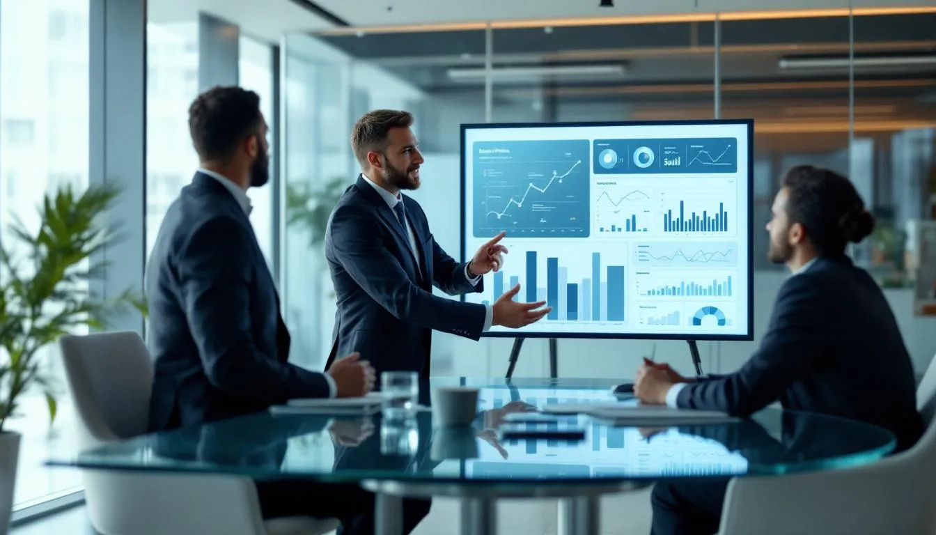 An enterprise analytics team is presenting data insights to business executives in a modern office, showcasing the use of advanced analytics tools to drive data-driven decisions. The scene highlights collaboration and the importance of data quality in enhancing business operations through effective data analytics services.