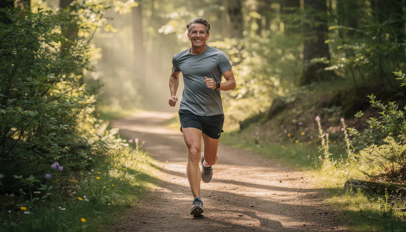 A middle-aged person jogs energetically along a nature trail, embodying vitality and healthy aging. This scene highlights the importance of regular exercise for maintaining cellular health and overall well-being.