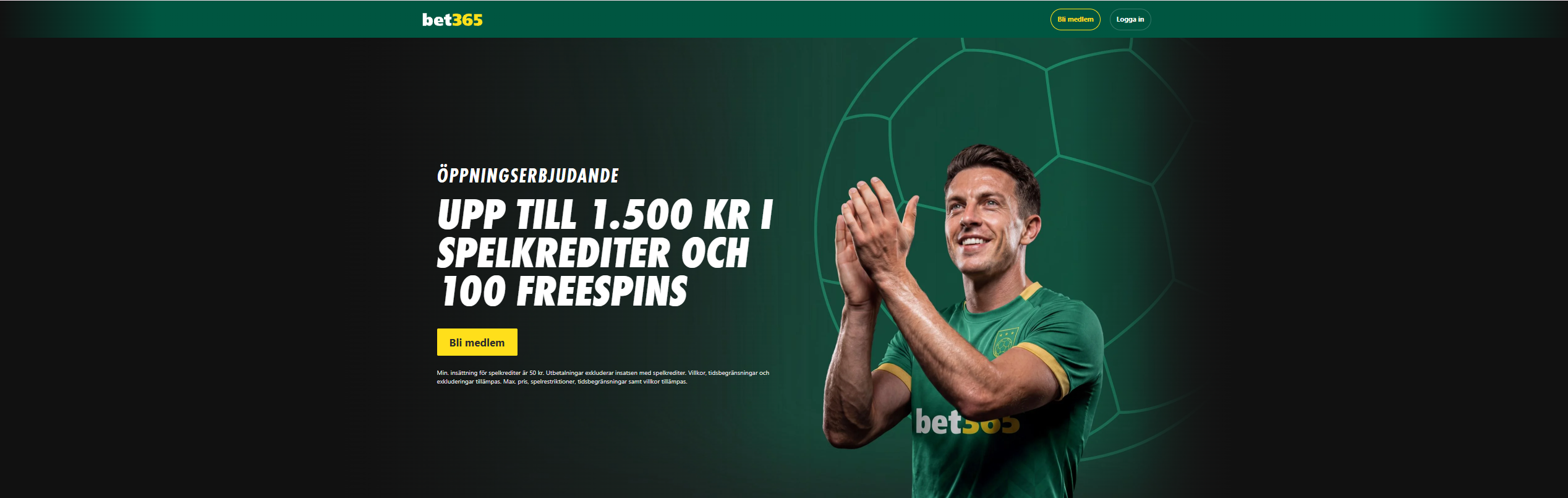 Bet365 välkomsterbjudande med upp till 1 500 kr i spelkrediter och 100 freespins för nya kunder.