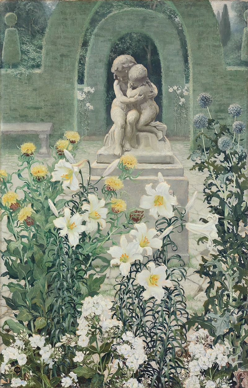 painting of garden with lilies and a statue of two children embracing