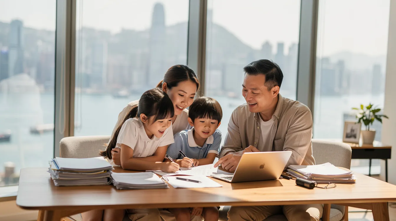 A happy family is gathered around a dining table in a bright Hong Kong apartment, reviewing documents together. They appear engaged and cheerful as they discuss important details, possibly related to their 公務員 貸款 application and its terms.