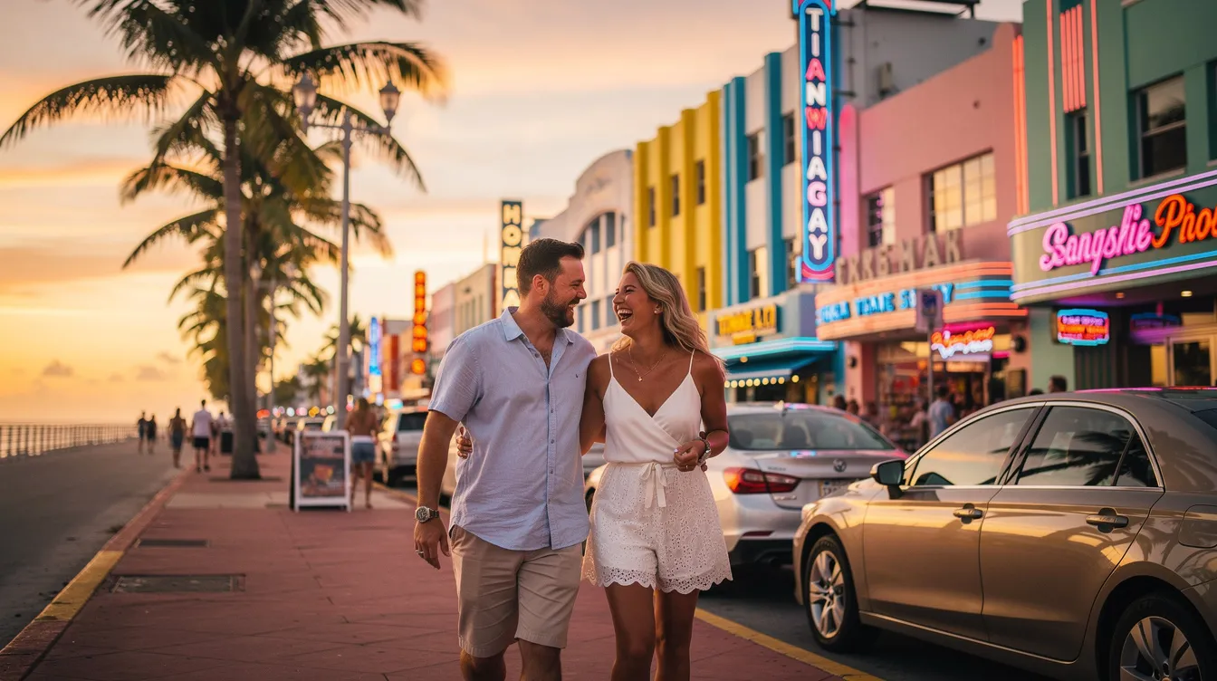 A couple enjoys a fun date in Miami, laughing and sharing a real conversation as they explore the vibrant city together. This intentional dating experience reflects their mutual understanding and desire for a meaningful relationship.